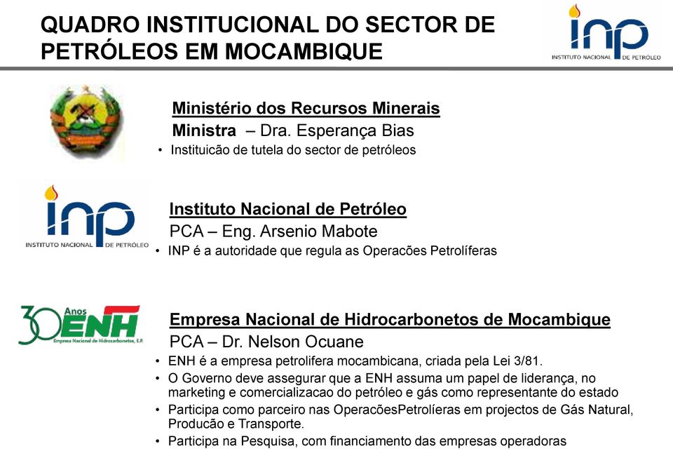 Arsenio Mabote INP é a autoridade que regula as Operacões Petrolíferas Empresa Nacional de Hidrocarbonetos de Mocambique PCA Dr.