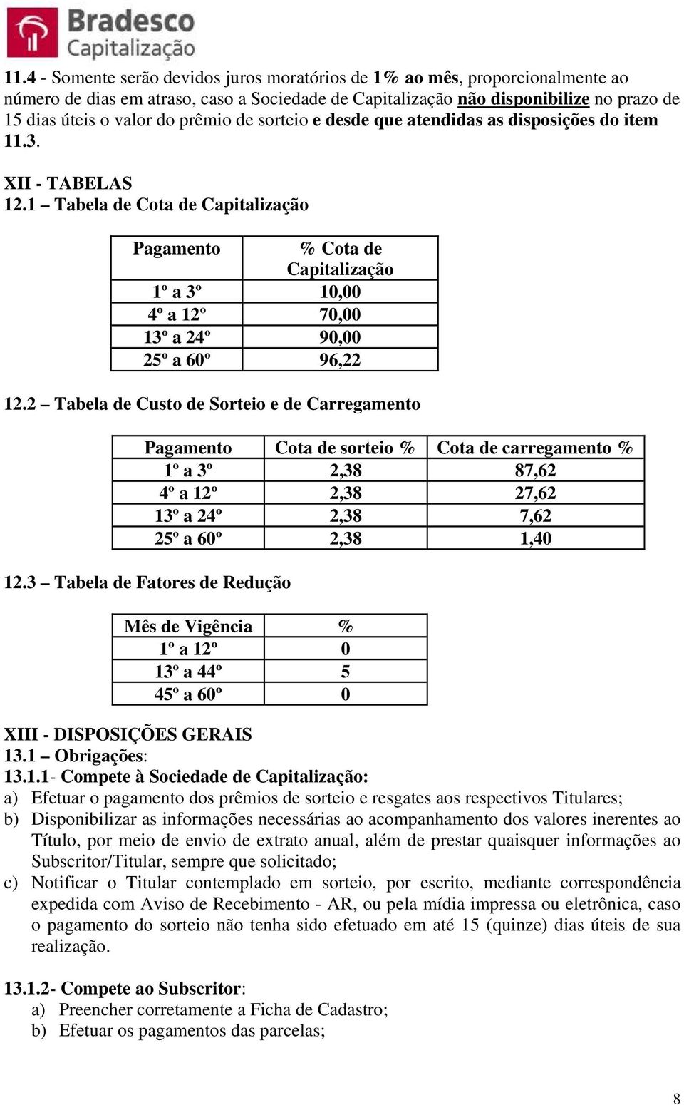 1 Tabela de Cota de Capitalização Pagamento % Cota de Capitalização 1º a 3º 10,00 4º a 12º 70,00 13º a 24º 90,00 25º a 60º 96,22 12.