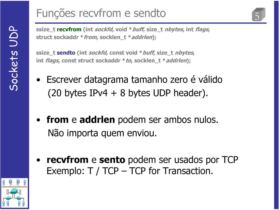 socklen_t *addrlen); Escrever datagrama tamanho zero é válido (20 bytes IPv4 + 8 bytes UDP header).