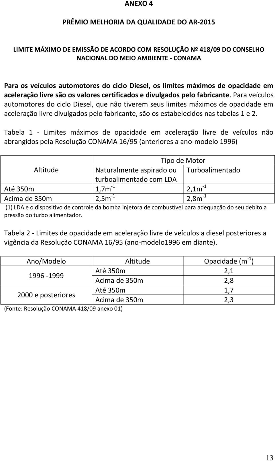 Para veículos automotores do ciclo Diesel, que não tiverem seus limites máximos de opacidade em aceleração livre divulgados pelo fabricante, são os estabelecidos nas tabelas 1 e 2.