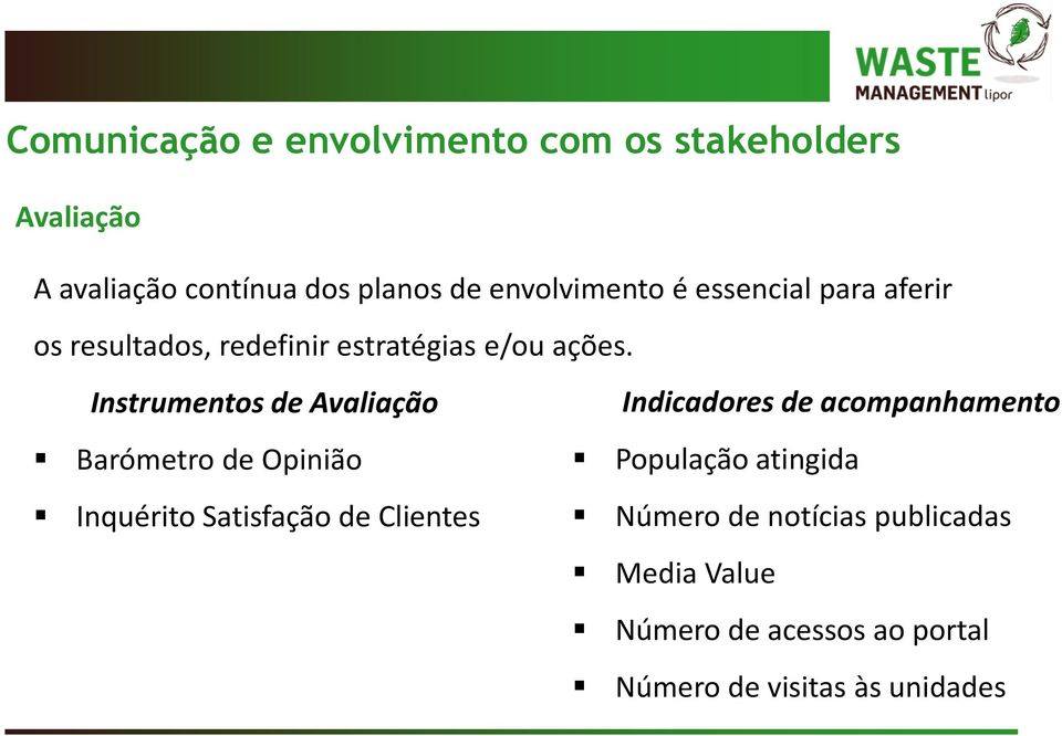 Instrumentos de Avaliação Indicadores de acompanhamento Barómetro de Opinião População atingida