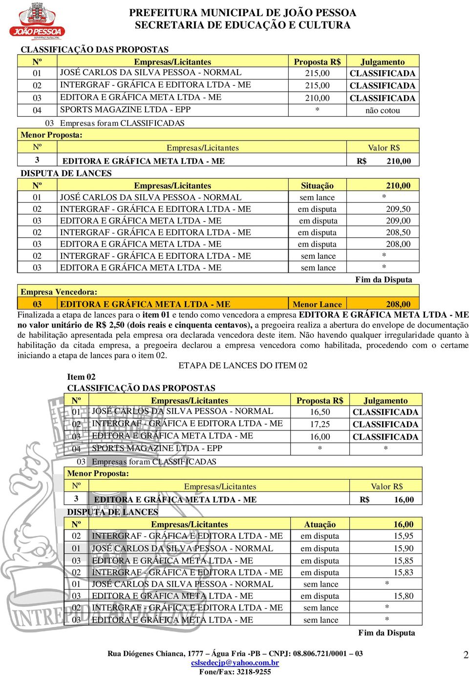 em disputa 208,50 03 EDITORA E GRÁFICA META LTDA - ME em disputa 208,00 03 EDITORA E GRÁFICA META LTDA - ME Menor Lance 208,00 Finalizada a etapa de lances para o item 01 e tendo como vencedora a