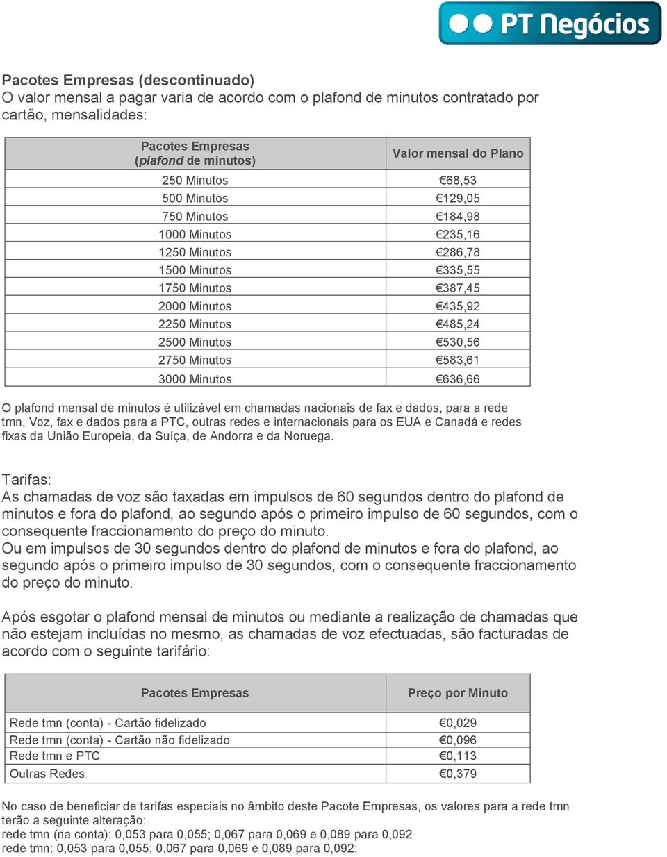 Minutos 583,61 3000 Minutos 636,66 O plafond mensal de minutos é utilizável em chamadas nacionais de fax e dados, para a rede tmn, Voz, fax e dados para a PTC, outras redes e internacionais para os