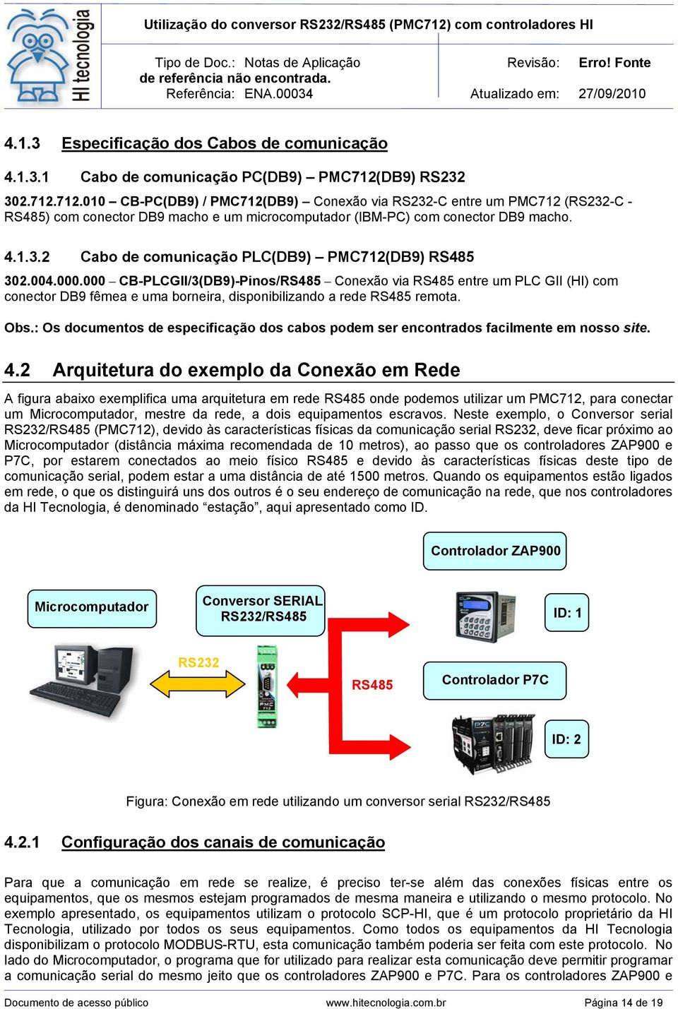 004.000.000 CB-PLCGII/3(DB9)-Pins/RS485 Cnexã via RS485 entre um PLC GII (HI) cm cnectr DB9 fêmea e uma brneira, dispnibilizand a rede RS485 remta. Obs.