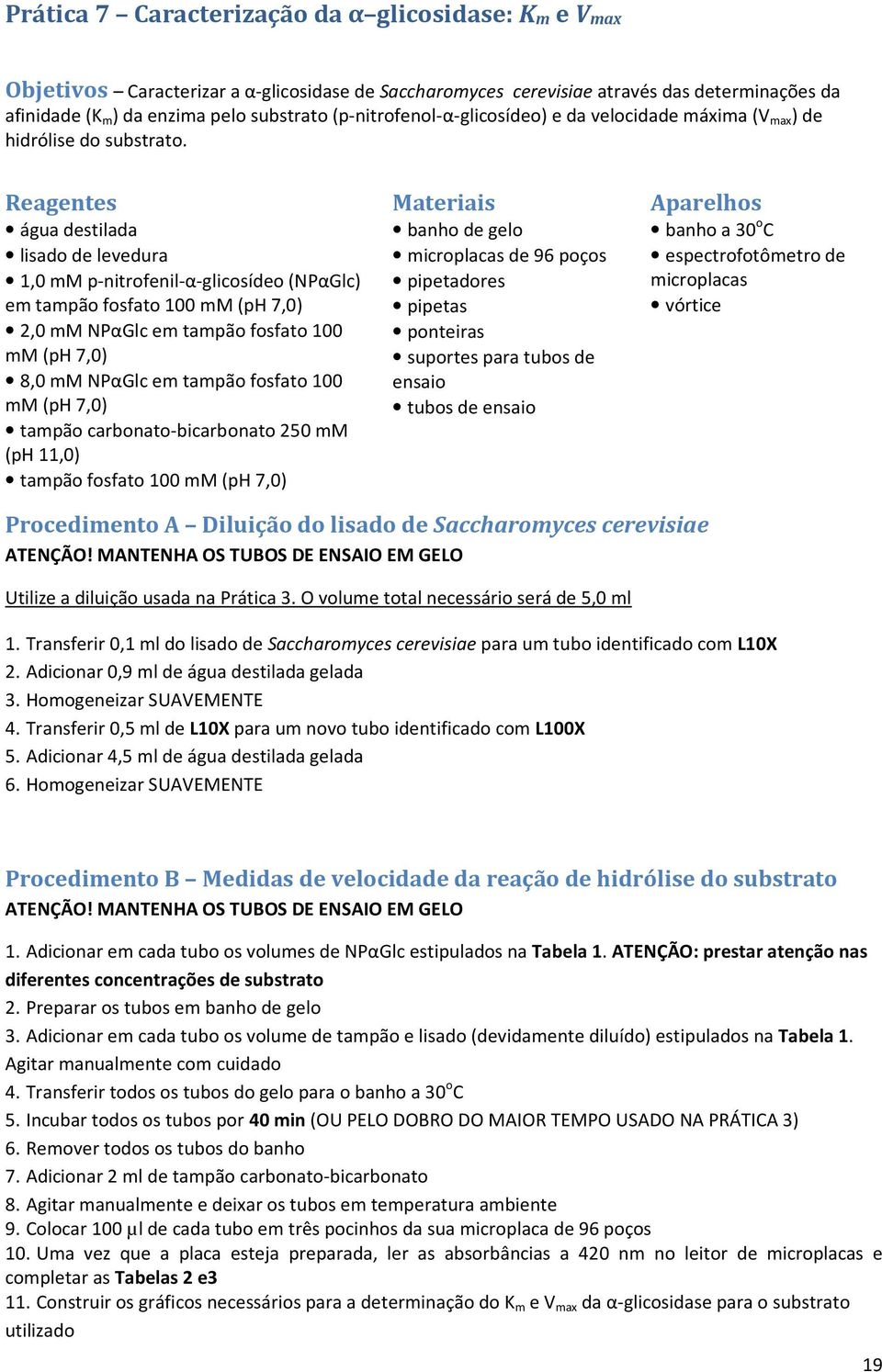 Reagentes Materiais Aparelhos água destilada lisado de levedura,0 mm p-nitrofenil-α-glicosídeo (NPαGlc) em tampão fosfato 00 mm (ph 7,0) 2,0 mm NPαGlc em tampão fosfato 00 mm (ph 7,0) 8,0 mm NPαGlc