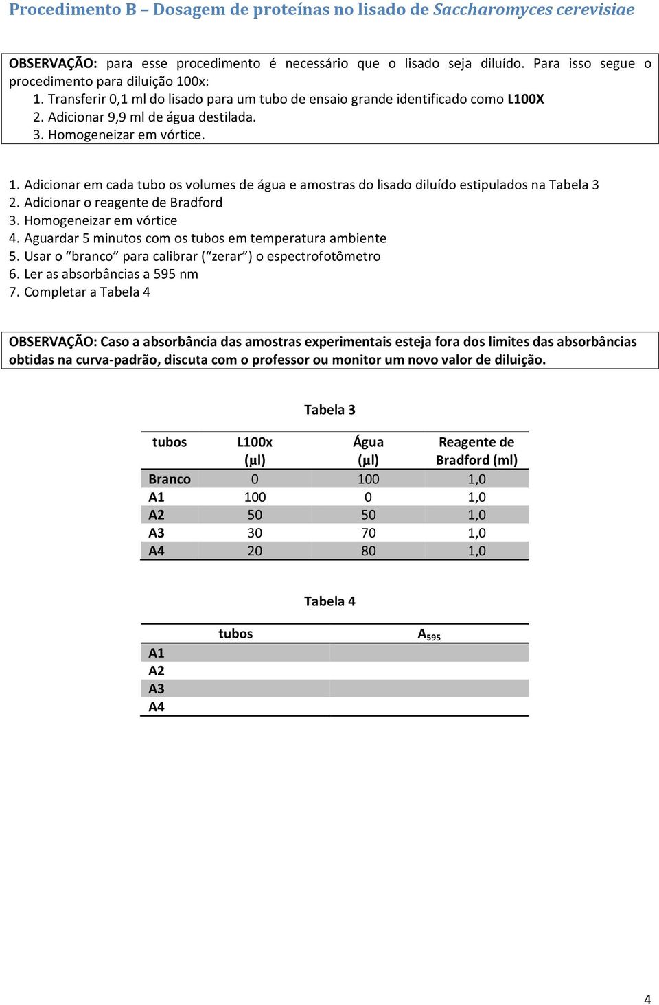 . Adicionar em cada tubo os volumes de água e amostras do lisado diluído estipulados na Tabela 3 2. Adicionar o reagente de Bradford 3. Homogeneizar em vórtice 4.