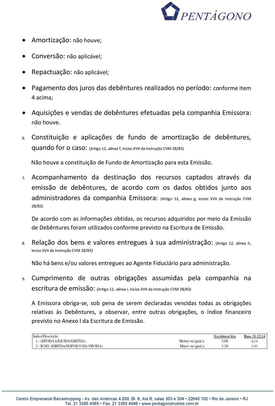 Constituição e aplicações de fundo de amortização de debêntures, quando for o caso: (Artigo 12, alínea f, inciso XVII da Instrução CVM 28/83) Não houve a constituição de Fundo de Amortização para