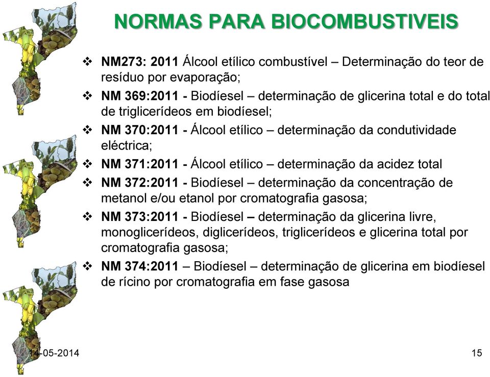 - Biodíesel determinação da concentração de metanol e/ou etanol por cromatografia gasosa; NM 373:2011 - Biodíesel determinação da glicerina livre, monoglicerídeos,