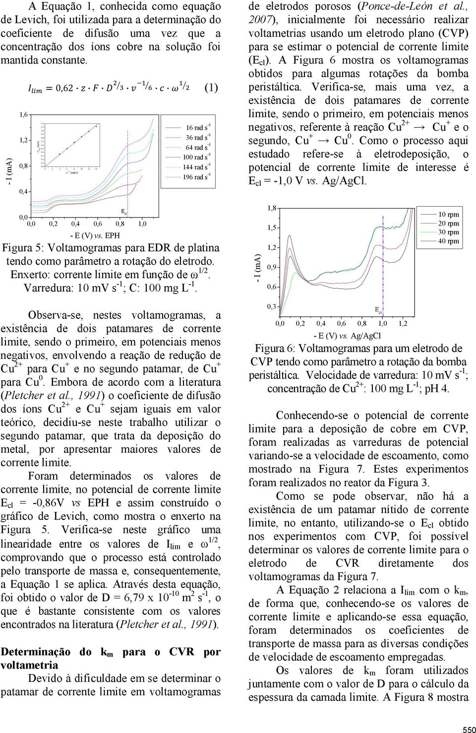 porosos (Ponce-de-León et al., 2007), inicialmente foi necessário realizar voltametrias usando um eletrodo plano (CVP) para se estimar o potencial de corrente limite (E cl ).