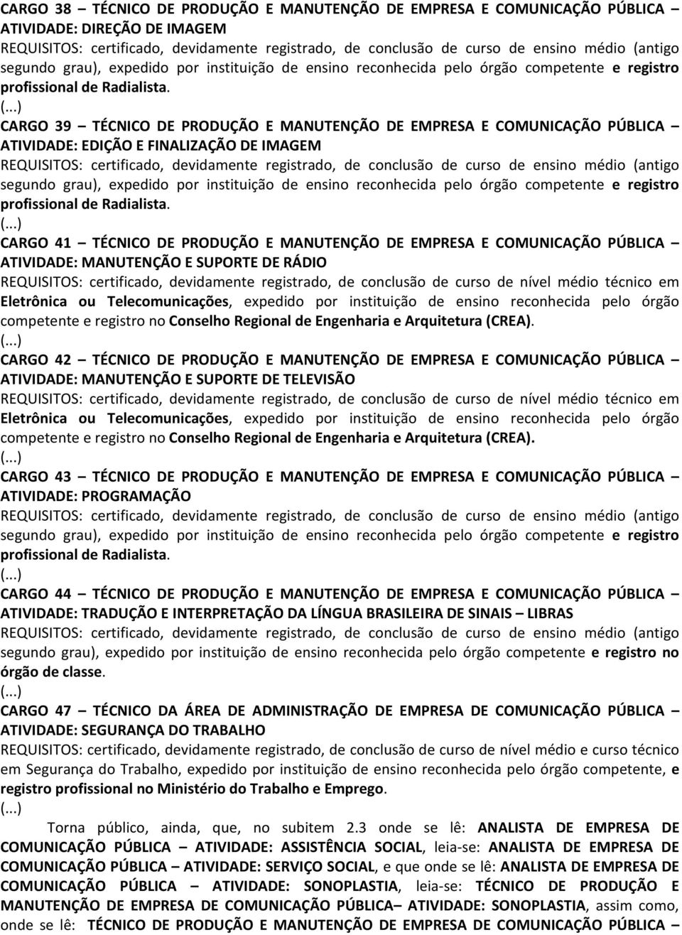 de curso de nível médio técnico em Eletrônica ou Telecomunicações, expedido por instituição de ensino reconhecida pelo órgão competente e registro no Conselho Regional de Engenharia e Arquitetura