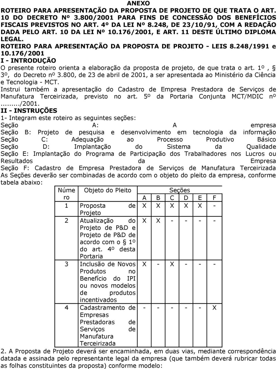 176/2001 I - INTRODUÇÃO O presente roteiro orienta a elaboração da proposta de projeto, de que trata o art. 1º, 3º, do Decreto nº 3.