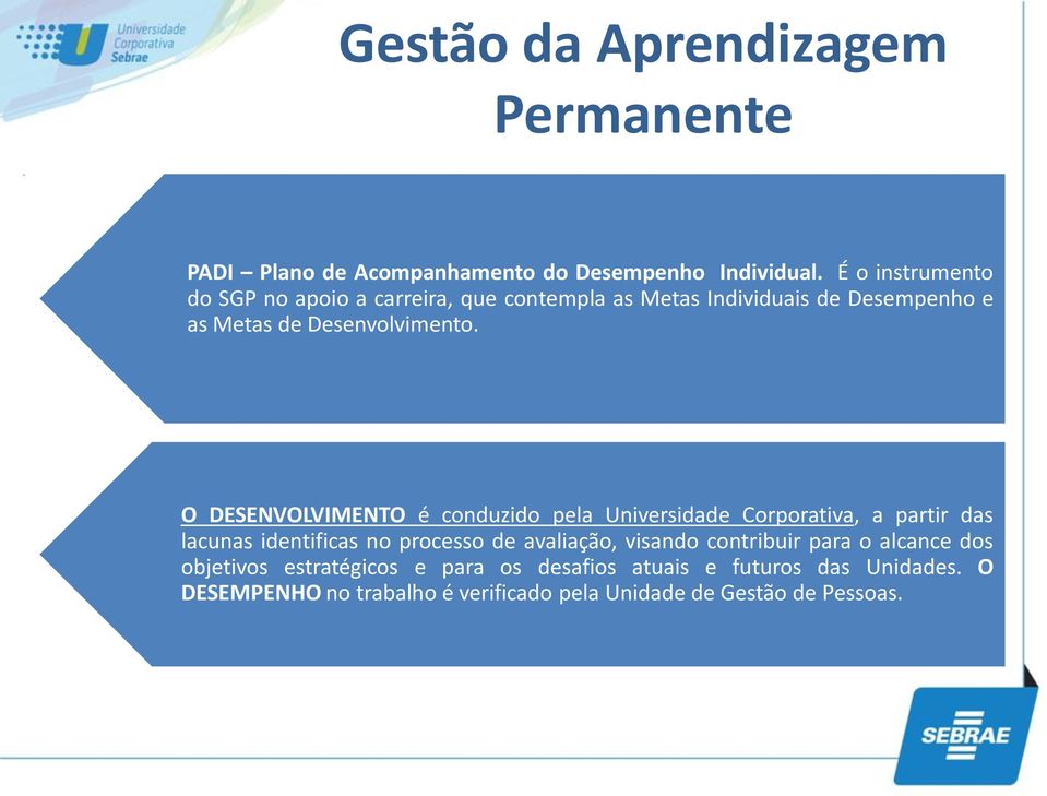 O DESENVOLVIMENTO é conduzido pela Universidade Corporativa, a partir das lacunas identificas no processo de avaliação, visando