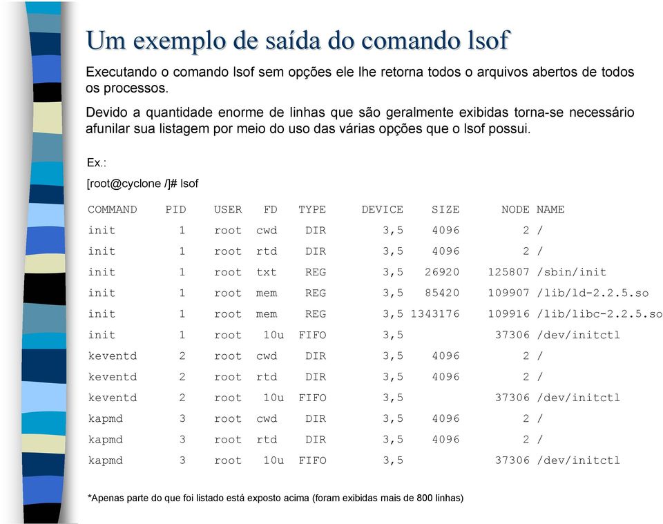 [root@cyclone /]# lsof COMMAND PID USER FD TYPE DEVICE SIZE NODE NAME init 1 root cwd DIR 3,5 4096 2 / init 1 root rtd DIR 3,5 4096 2 / init 1 root txt REG 3,5 26920 125807 /sbin/init init 1 root mem