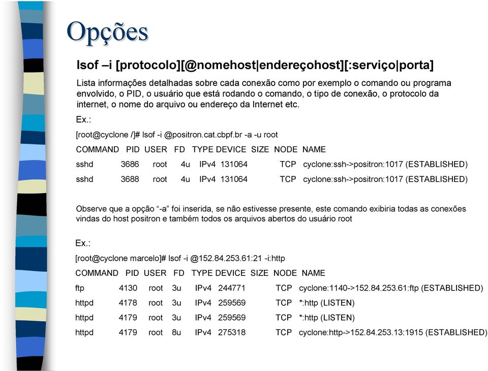 br -a -u root COMMAND PID USER FD TYPE DEVICE SIZE NODE NAME sshd 3686 root 4u IPv4 131064 TCP cyclone:ssh->positron:1017 (ESTABLISHED) sshd 3688 root 4u IPv4 131064 TCP cyclone:ssh->positron:1017