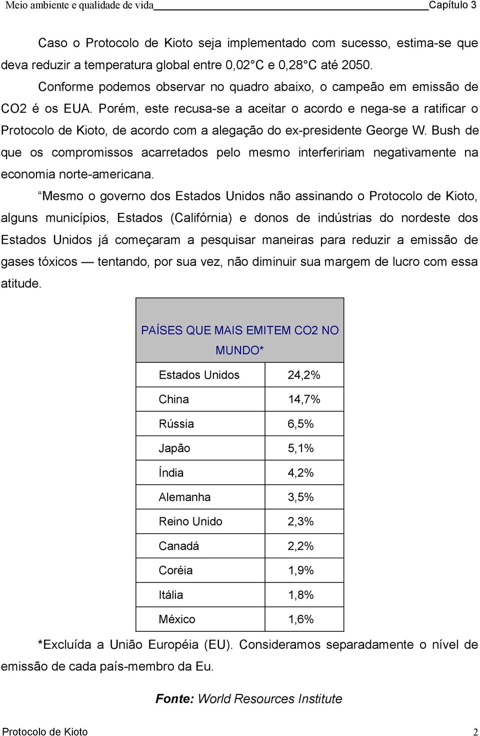 Porém, este recusa-se a aceitar o acordo e nega-se a ratificar o Protocolo de Kioto, de acordo com a alegação do ex-presidente George W.