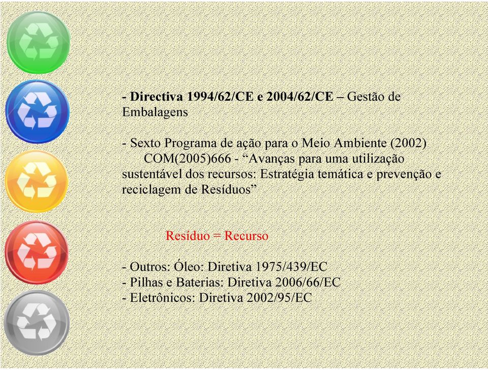 Estratégia temática e prevenção e reciclagem de Resíduos Resíduo = Recurso - Outros: Óleo: