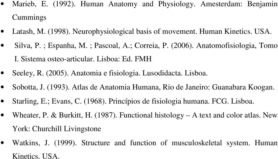 Lisboa. Sobotta, J. (1993). Atlas de Anatomia Humana, Rio de Janeiro: Guanabara Koogan. Starling, E.; Evans, C. (1968). Princípios de fisiologia humana. FCG. Lisboa. Wheater, P.