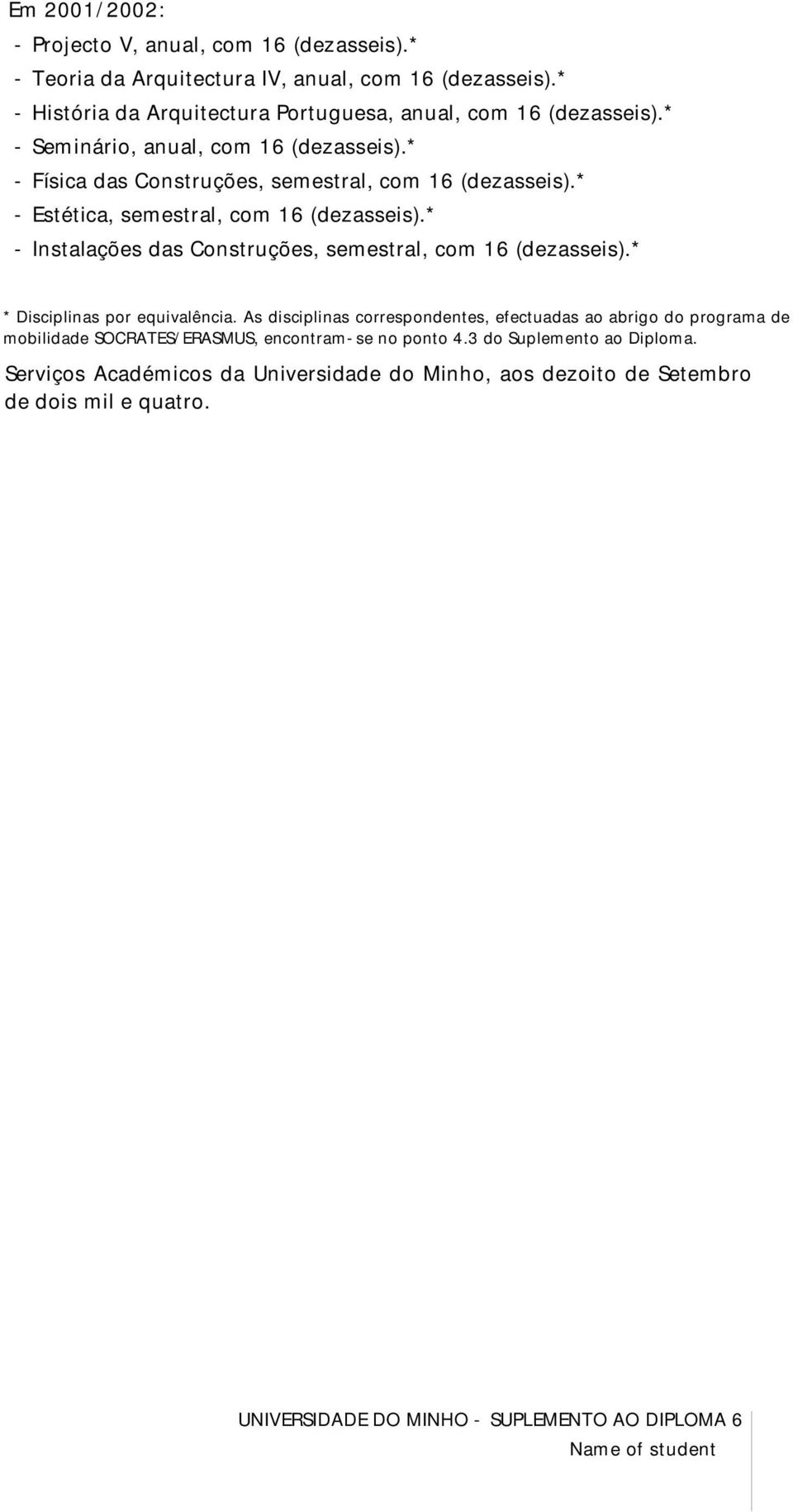 * Instalações das Construções, semestral, com 16 (dezasseis).* * Disciplinas por equivalência.