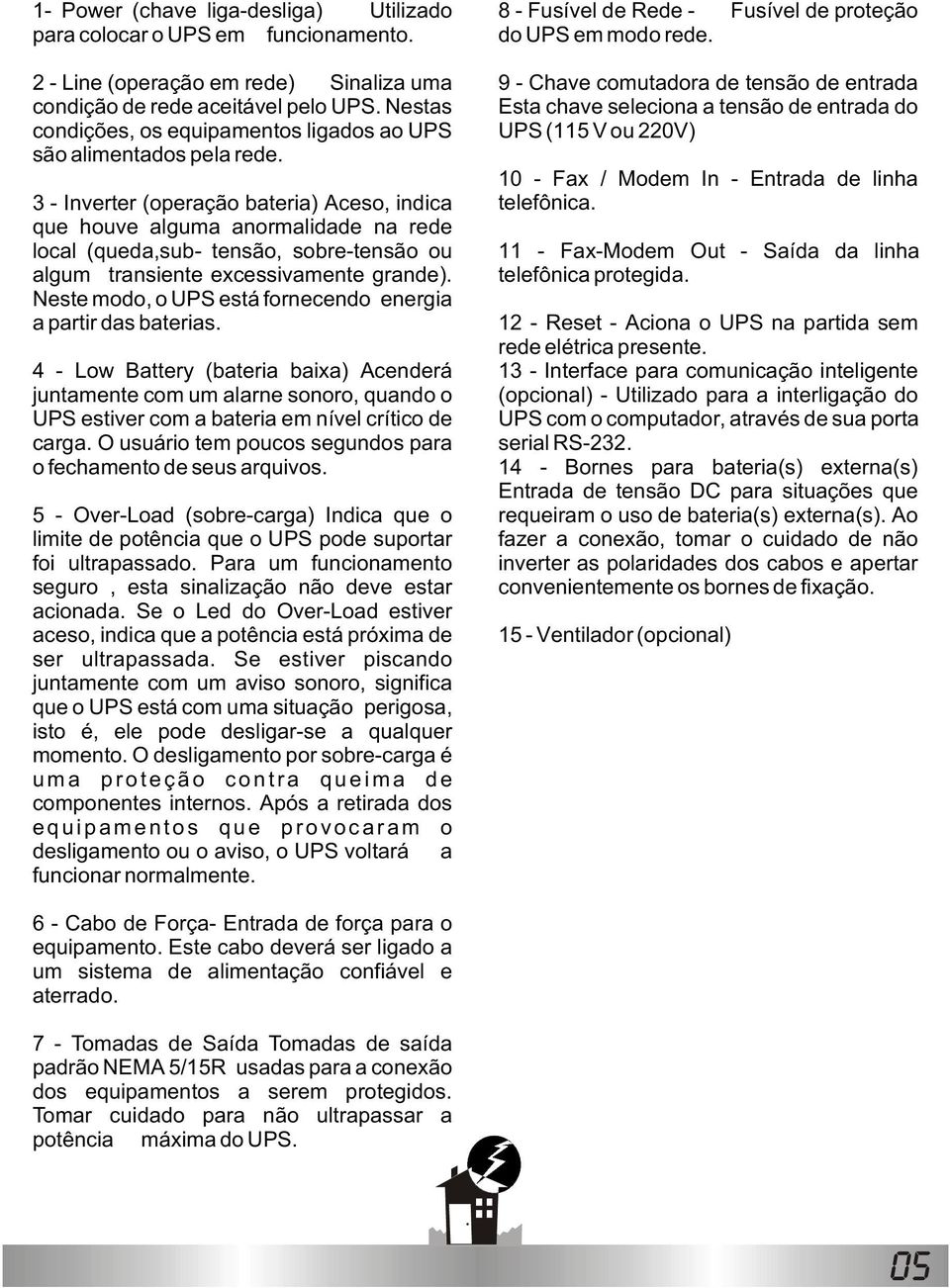 3 - Inverter (operação bateria) Aceso, indica que houve alguma anormalidade na rede local (queda,sub- tensão, sobre-tensão ou algum transiente excessivamente grande).