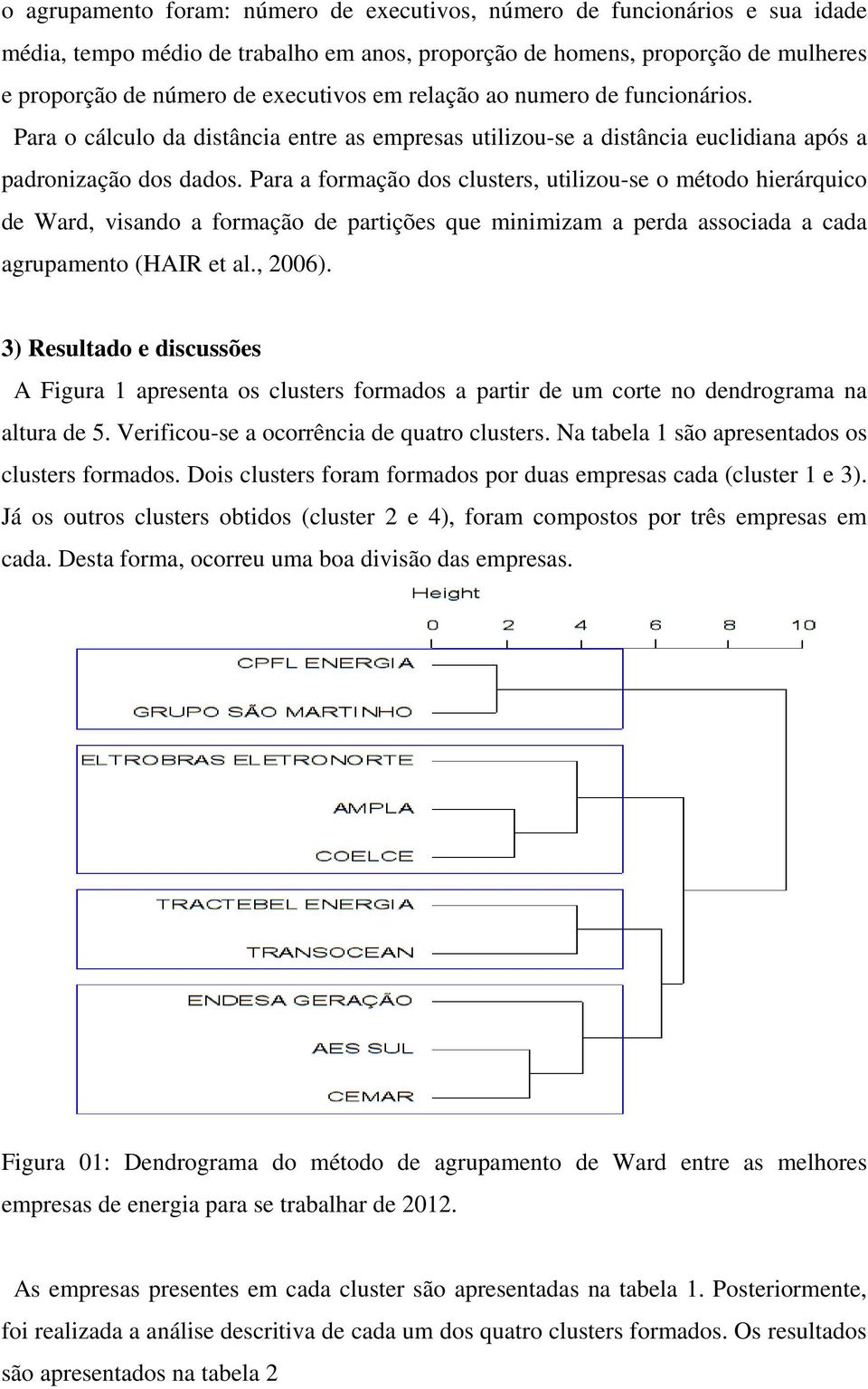 Para a formação dos clusters, utilizou-se o método hierárquico de Ward, visando a formação de partições que minimizam a perda associada a cada agrupamento (HAIR et al., 2006).