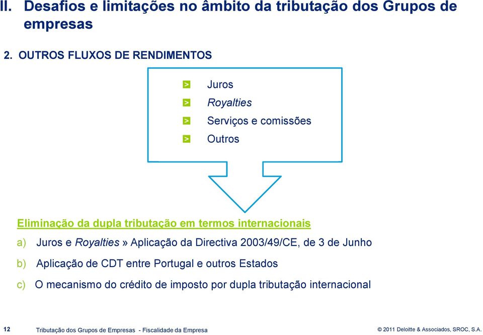 internacionais a) Juros e Royalties» Aplicação da Directiva 2003/49/CE, de 3 de Junho b) Aplicação de CDT entre Portugal e