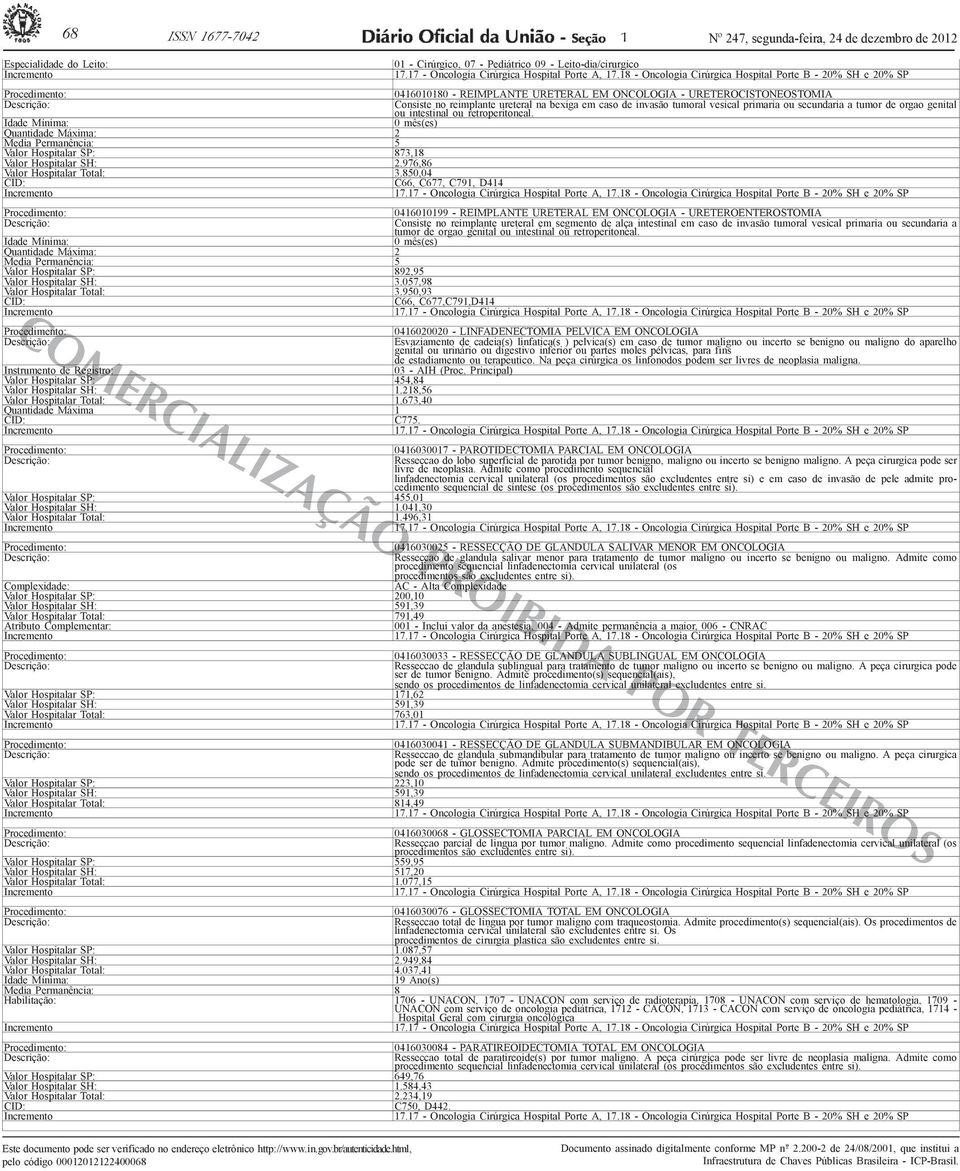 950,93 09 - Leito-dia/cirurgico 0460080 - REIMPLANTE URETERAL EM ONCOLOGIA - URETEROCISTONEOSTOMIA Consiste no reimplante ureteral na bexiga em caso de invasão tumoral vesical primaria ou secundaria