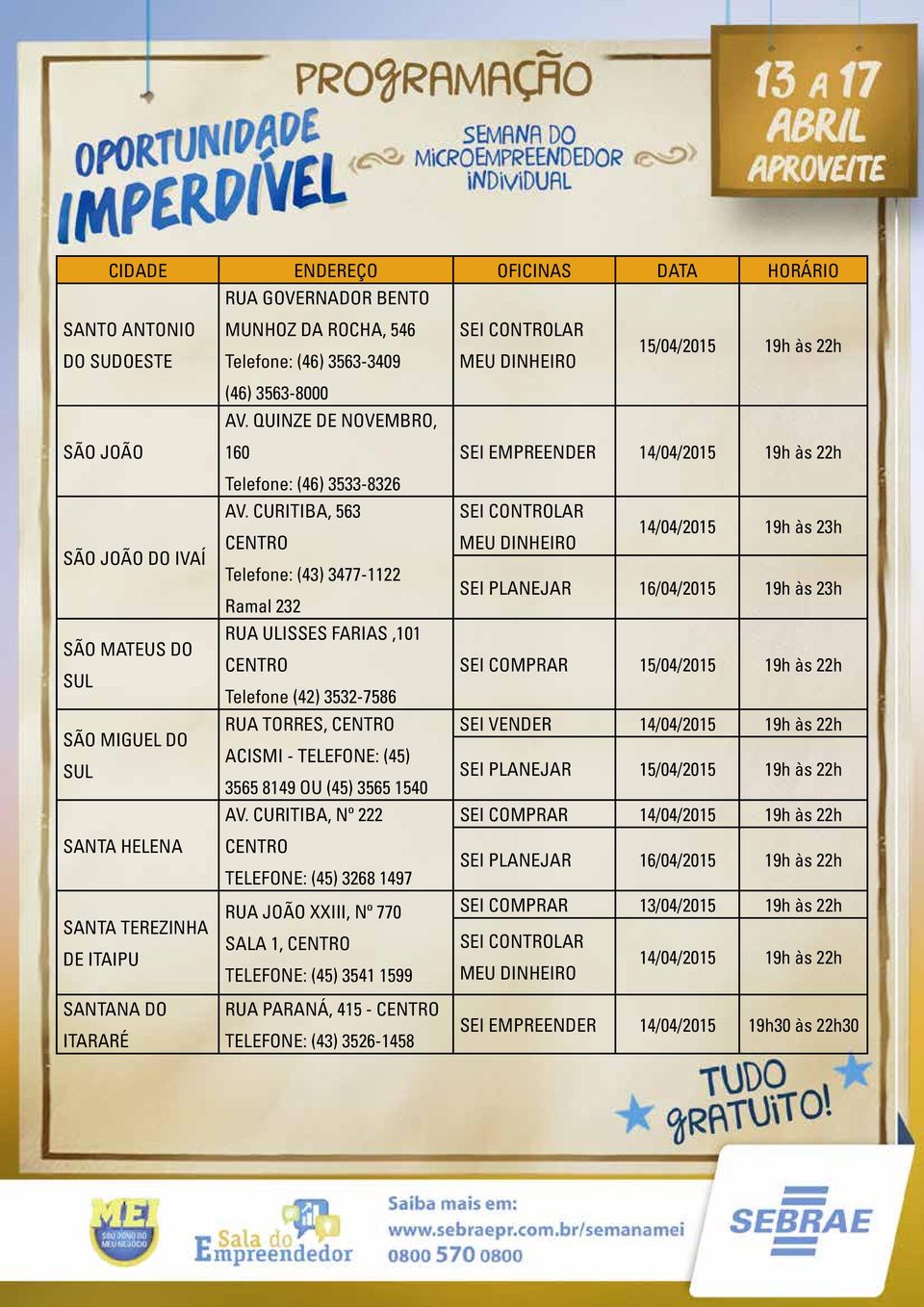 CURITIBA, 563 Telefone: (43) 3477-1122 Ramal 232 RUA ULISSES FARIAS,101 Telefone (42) 3532-7586 RUA TORRES, ACISMI - TELEFONE: (45) 3565 8149 OU (45) 3565 1540 AV.