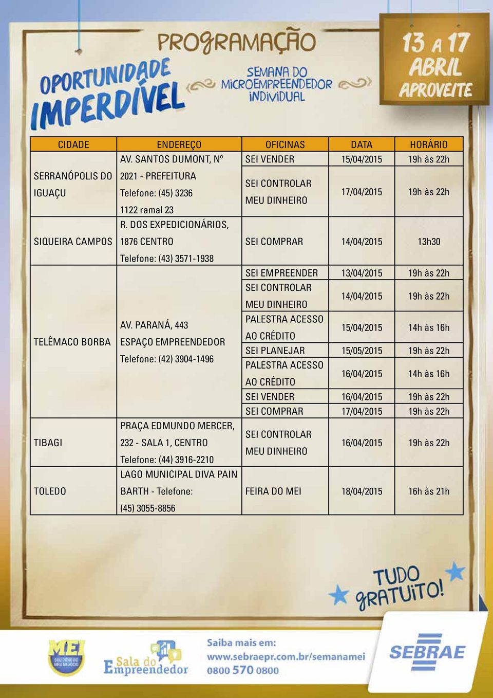 PARANÁ, 443 ESPAÇO EMPREENDEDOR Telefone: (42) 3904-1496 PRAÇA EDMUNDO MERCER, 232 - SALA 1, Telefone: (44) 3916-2210 LAGO MUNICIPAL DIVA PAIN BARTH - Telefone: (45) 3055-8856 SEI COMPRAR