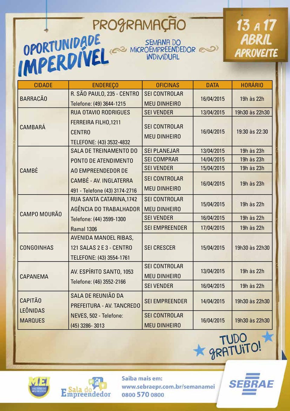 INGLATERRA 491 - Telefone (43) 3174-2716 RUA SANTA CATARINA,1742 AGÊNCIA DO TRABALHADOR Telefone: (44) 3599-1300 Ramal 1306 AVENIDA MANOEL RIBAS, 121 SALAS 2 E 3 - TELEFONE: (43) 3554-1761 AV.