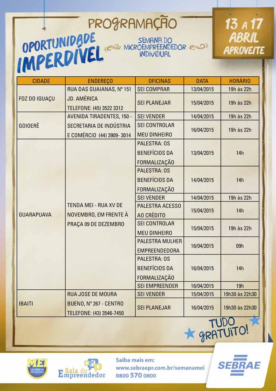 13/04/2015 14h FORMALIZAÇÃO PALESTRA: OS BENEFÍCIOS DA 14/04/2015 14h GUARAPUAVA TENDA MEI - RUA XV DE NOVEMBRO, EM FRENTE À PRAÇA 09 DE DEZEMBRO FORMALIZAÇÃO PALESTRA ACESSO AO CRÉDITO