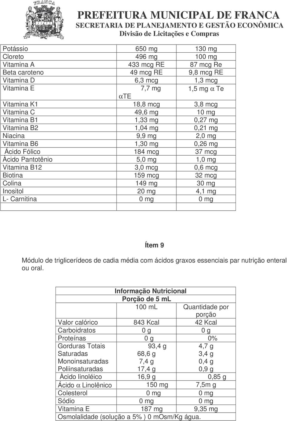 Vitamina B12 3,0 mcg 0,6 mcg Biotina 159 mcg 32 mcg Colina 149 mg 30 mg Inositol 20 mg 4,1 mg L- Carnitina 0 mg 0 mg Ítem 9 Módulo de triglicerídeos de cadia média com ácidos graxos essenciais par