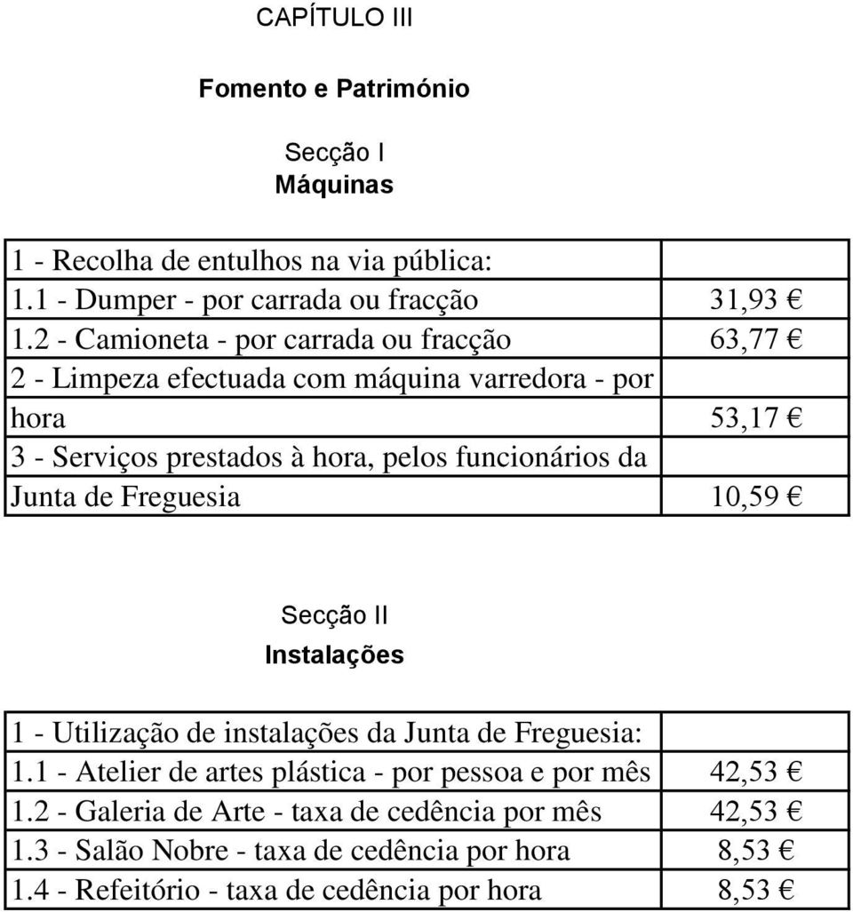 funcionários da Junta de Freguesia 10,59 Secção II Instalações 1 - Utilização de instalações da Junta de Freguesia: 1.