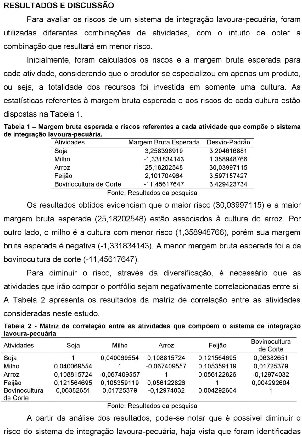 Inicialmente, foram calculados os riscos e a margem bruta esperada para cada atividade, considerando que o produtor se especializou em apenas um produto, ou seja, a totalidade dos recursos foi