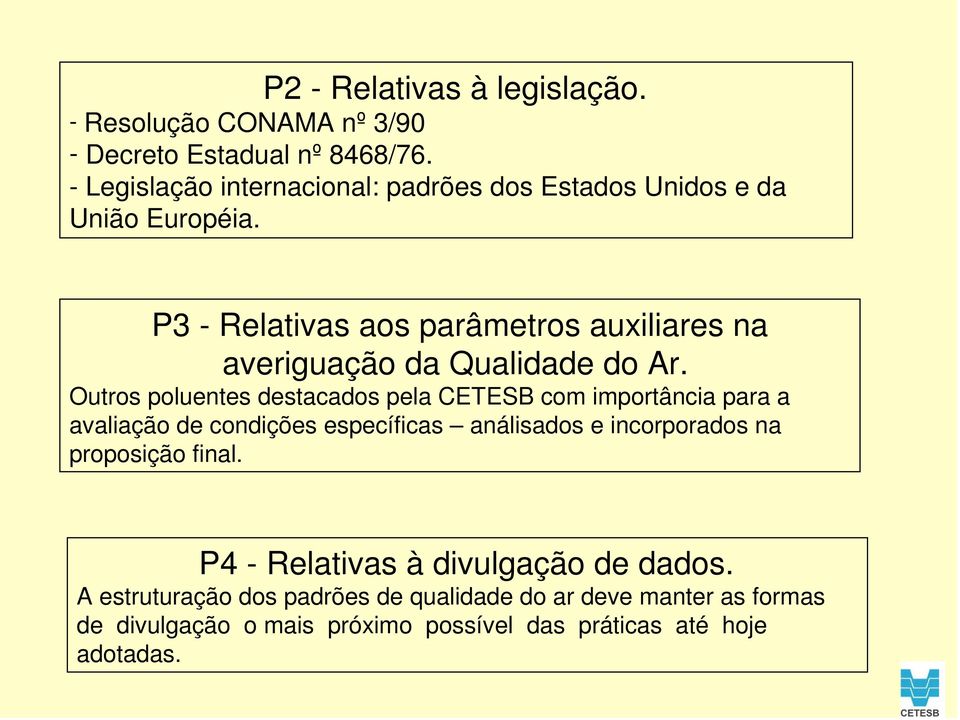 P3 - Relativas aos parâmetros auxiliares na averiguação da Qualidade do Ar.