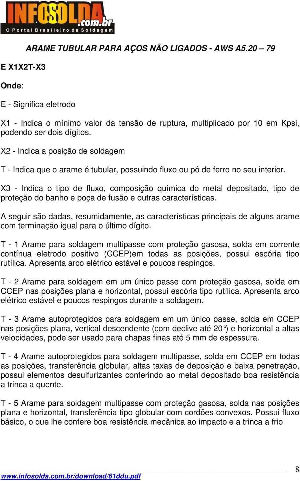 X3 - Indica o tipo de fluxo, composição química do metal depositado, tipo de proteção do banho e poça de fusão e outras características.