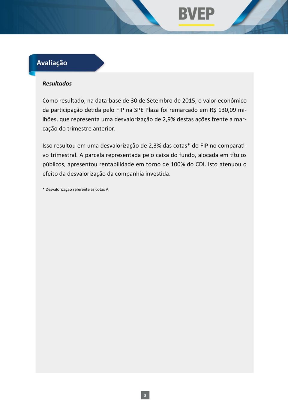 Isso resultou em uma desvalorização de 2,3% das cotas* do FIP no comparativo trimestral.