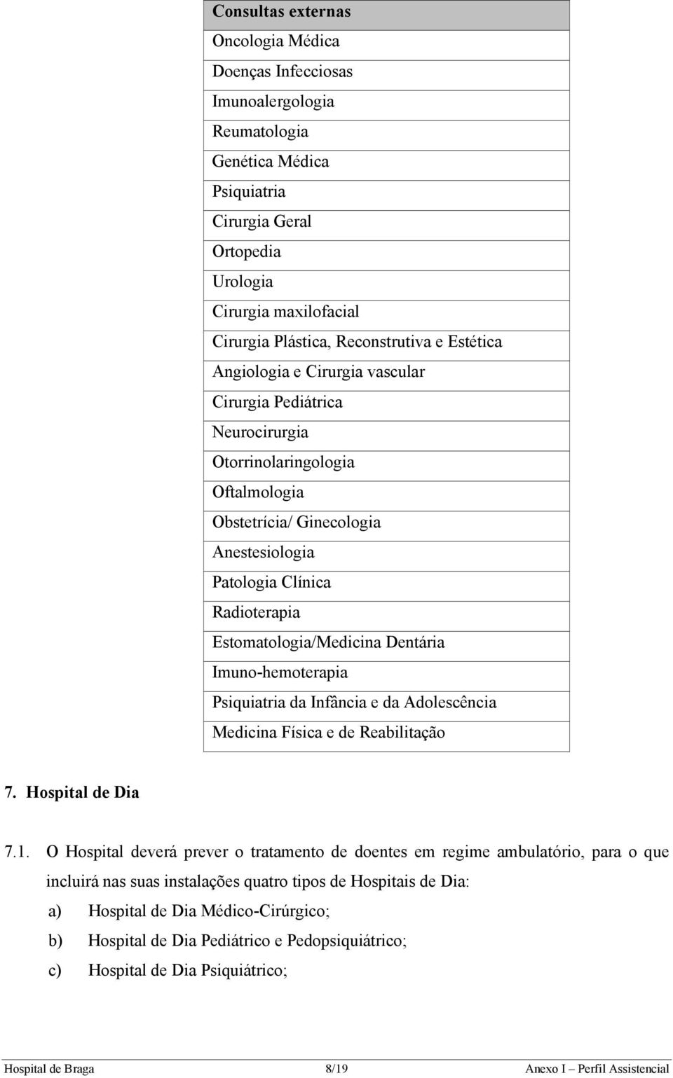 Estomatologia/Medicina Dentária Imuno-hemoterapia Psiquiatria da Infância e da Adolescência Medicina Física e de Reabilitação 7. Hospital de Dia 7.1.