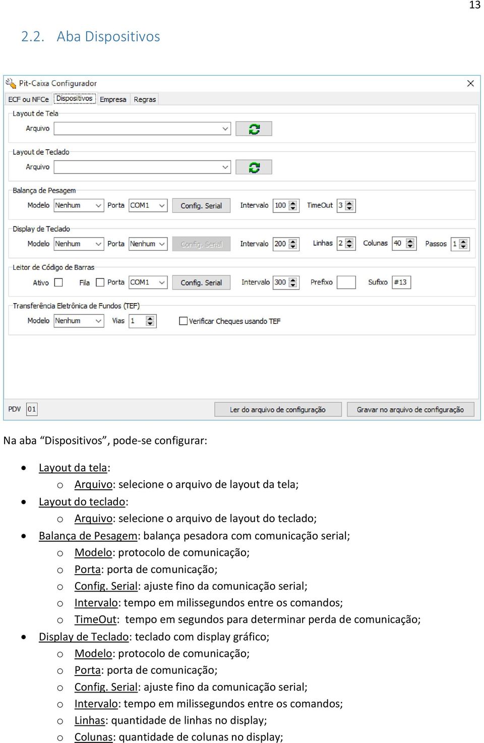 Serial: ajuste fino da comunicação serial; o Intervalo: tempo em milissegundos entre os comandos; o TimeOut: tempo em segundos para determinar perda de comunicação; Display de Teclado: teclado com