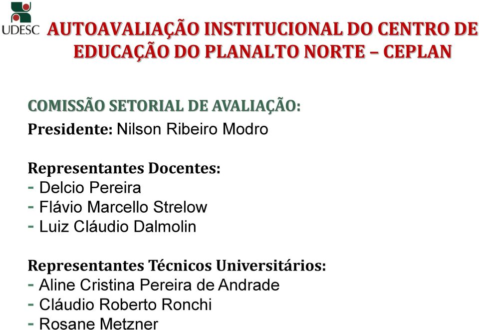 Delcio Pereira - Flávio Marcello Strelow - Luiz Cláudio Dalmolin Representantes