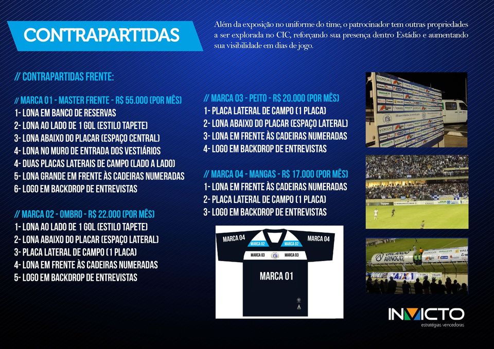 000 (por mês) 1- LONA EM BANCO DE RESERVAS 2- LONA AO LADO DE 1 GOL (ESTILO TAPETE) 3- LONA ABAIXO DO PLACAR (ESPAÇO CENTRAL) 4- lona no muro de entrada dos vestiários 4- DUAS PLACAS LATERAIS DE