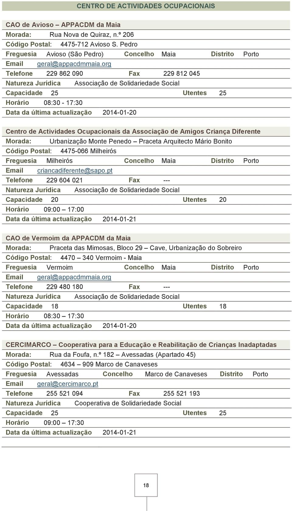 org Telefone 229 862 090 Fax 229 812 045 Capacidade 25 Utentes 25 Horário 08:30-17:30 Data da última actualização 2014-01-20 Centro de Actividades Ocupacionais da Associação de Amigos Criança