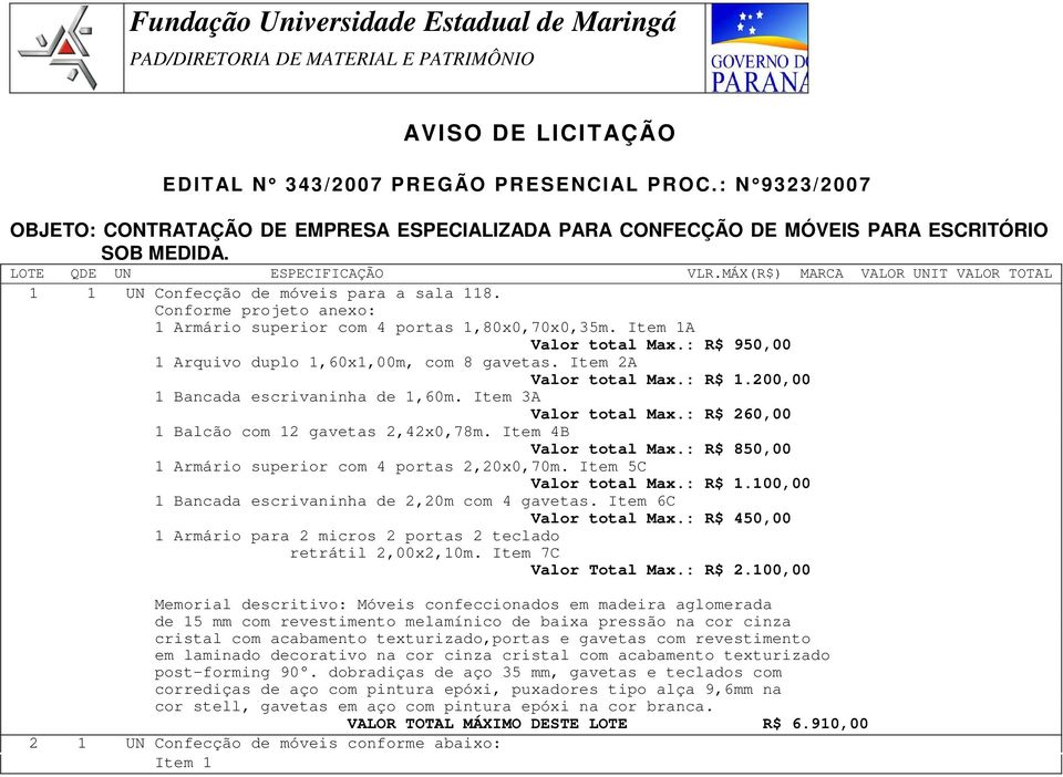 Conforme projeto anexo: 1 Armário superior com 4 portas 1,80x0,70x0,35m. Item 1A Valor total Max.: R$ 950,00 1 Arquivo duplo 1,60x1,00m, com 8 gavetas. Item 2A Valor total Max.: R$ 1.