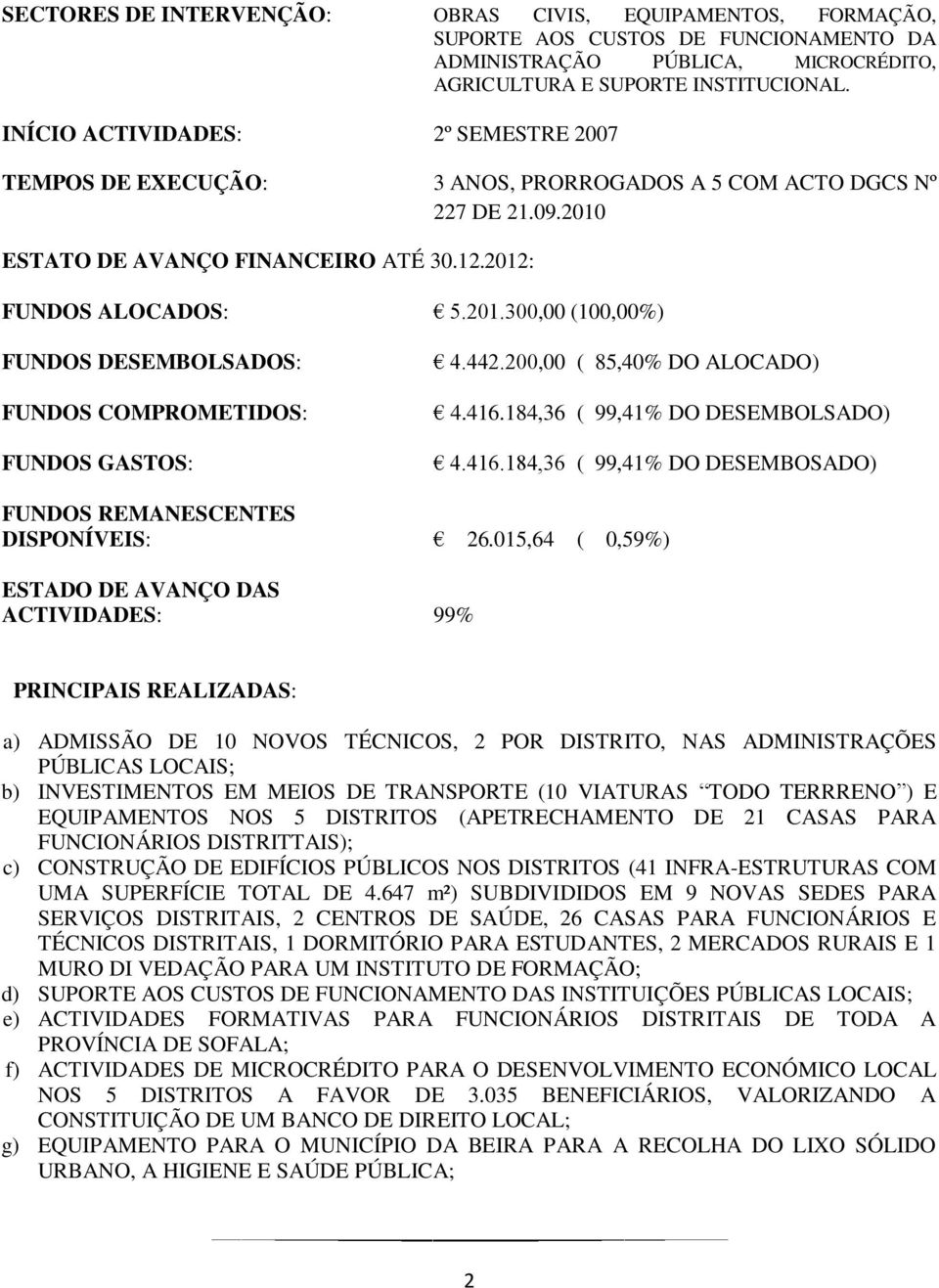 442.200,00 ( 85,40% DO ALOCADO) 4.416.184,36 ( 99,41% DO DESEMBOLSADO) 4.416.184,36 ( 99,41% DO DESEMBOSADO) FUNDOS REMANESCENTES DISPONÍVEIS: 26.