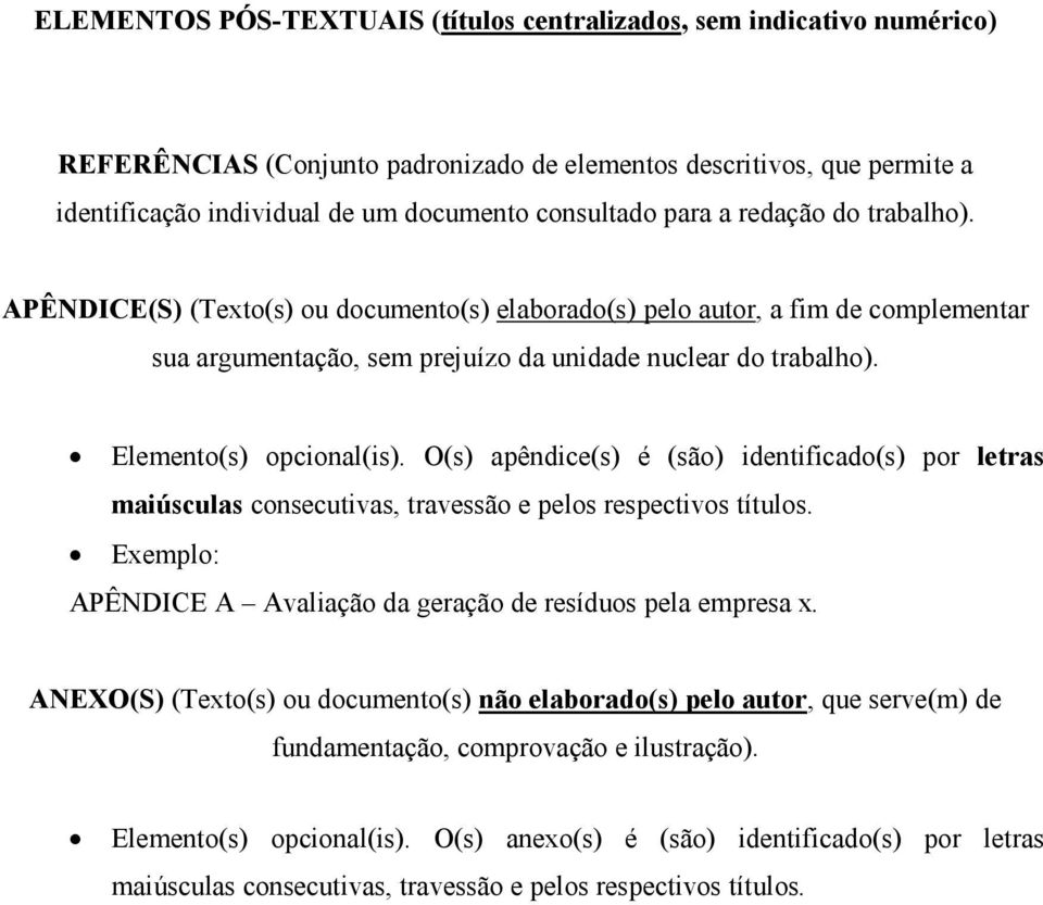 Elemento(s) opcional(is). O(s) apêndice(s) é (são) identificado(s) por letras maiúsculas consecutivas, travessão e pelos respectivos títulos.