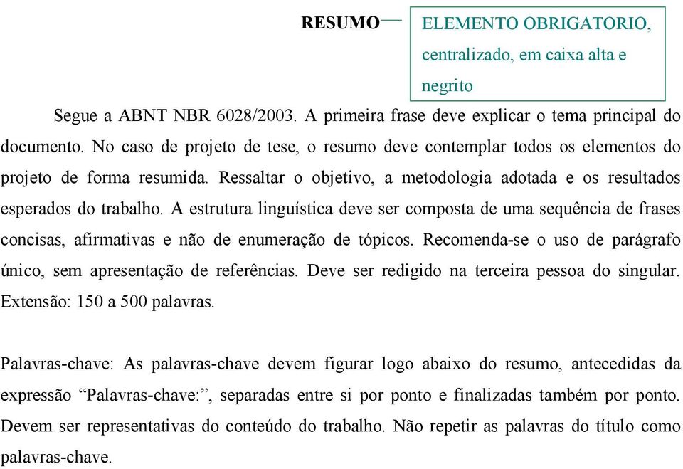 A estrutura linguística deve ser composta de uma sequência de frases concisas, afirmativas e não de enumeração de tópicos. Recomenda-se o uso de parágrafo único, sem apresentação de referências.