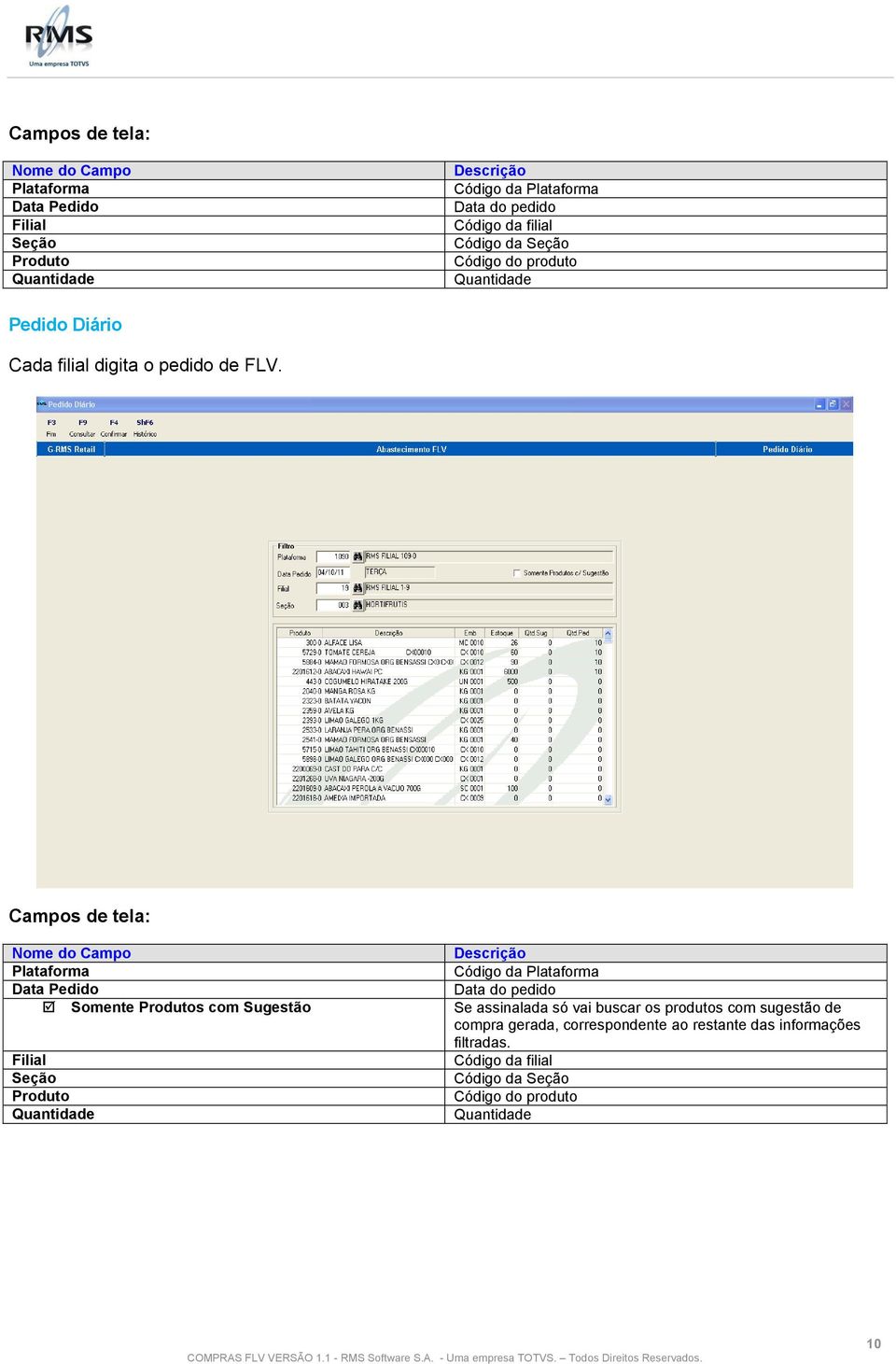 Campos de tela: Nome do Campo Descrição Plataforma Código da Plataforma Data Pedido Data do pedido Somente Produtos com Sugestão Se assinalada só