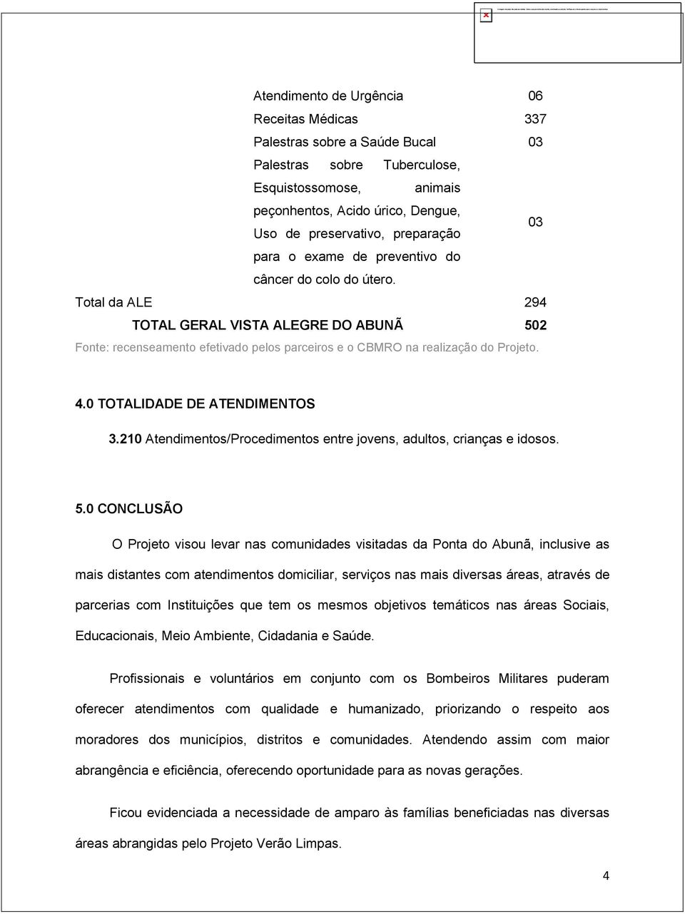 Total da ALE 294 TOTAL GERAL VISTA ALEGRE DO ABUNÃ 502 Fonte: recenseamento efetivado pelos parceiros e o CBMRO na realização do Projeto. 4.0 TOTALIDADE DE ATENDIMENTOS 3.