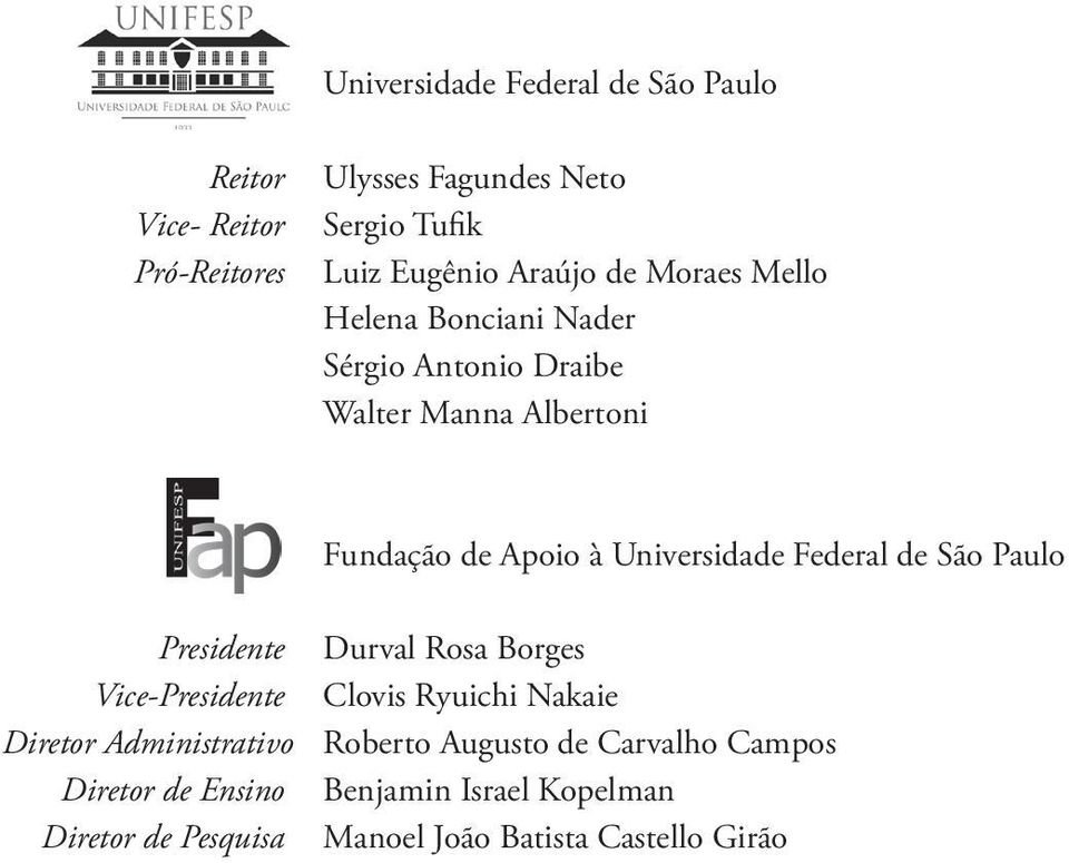 Universidade Federal de São Paulo Presidente Durval Rosa Borges Vice-Presidente Clovis Ryuichi Nakaie Diretor