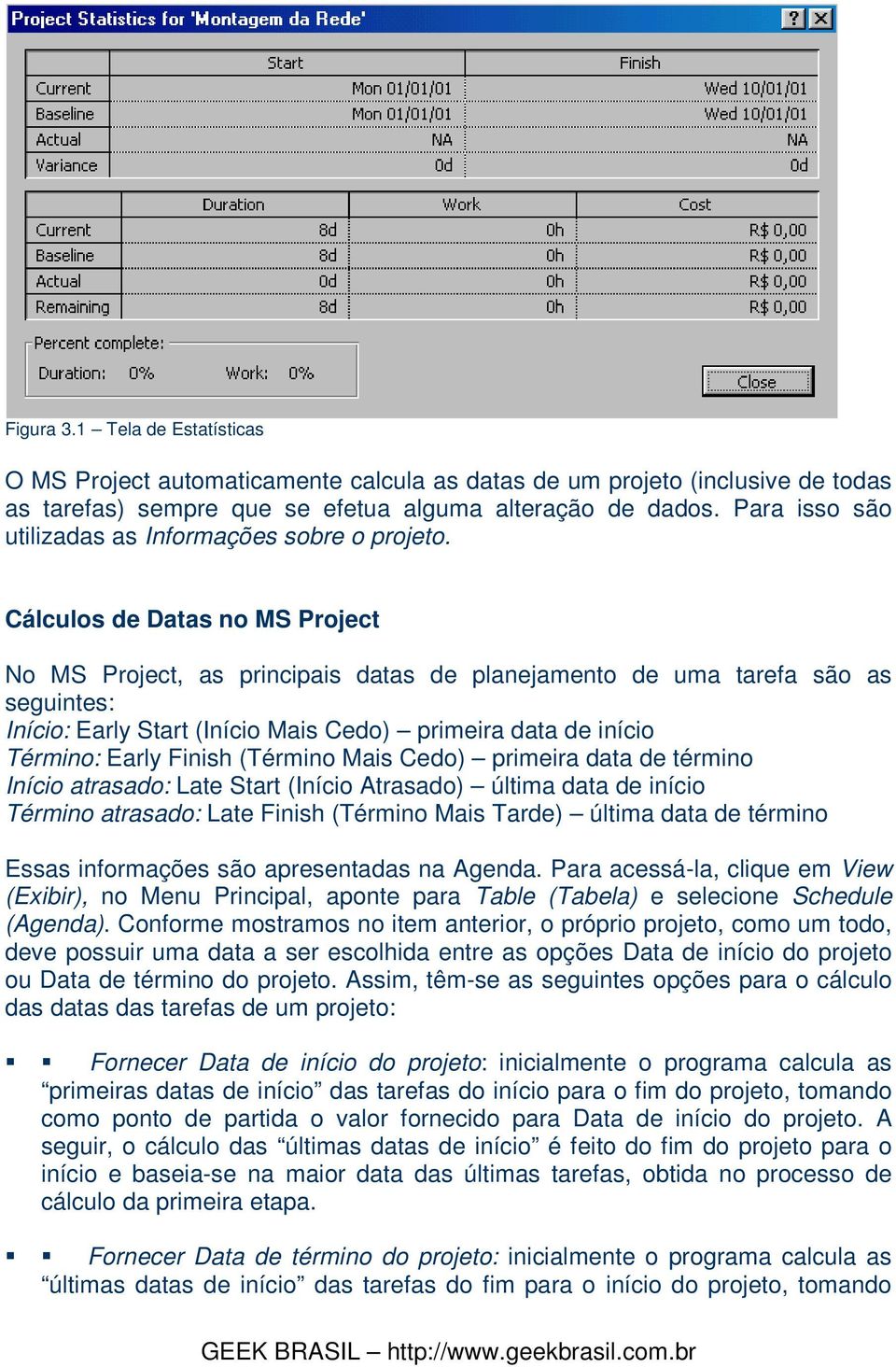 Cálculos de Datas no MS Project No MS Project, as principais datas de planejamento de uma tarefa são as seguintes: Início: Early Start (Início Mais Cedo) primeira data de início Término: Early Finish