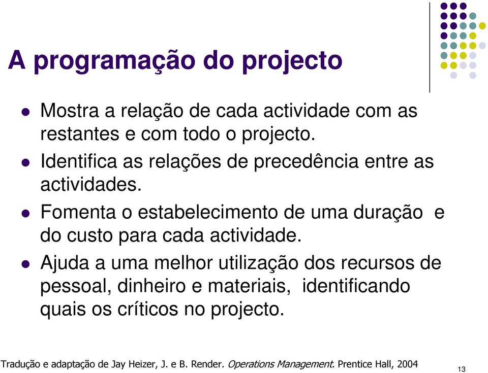 Fomenta o estabelecimento de uma duração e do custo para cada actividade.